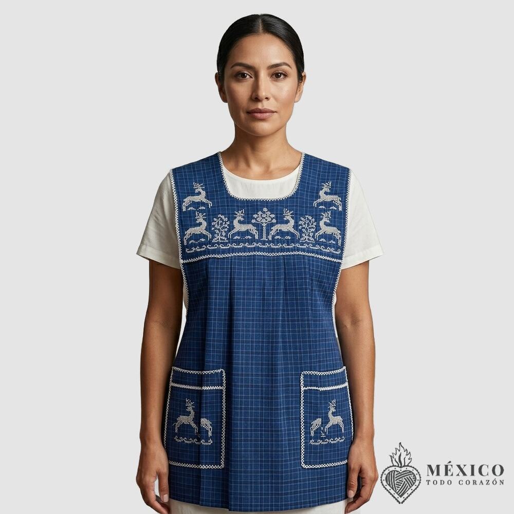 Traditional Mexican Cross-Stitch Embroidered Apron – Deluxe Artisan Smock Style